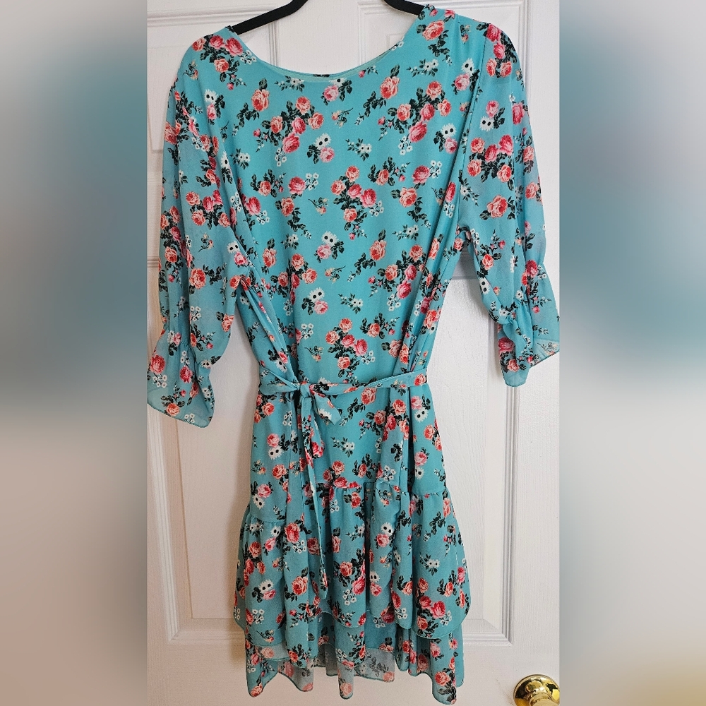 Pretty Turquoise Floral Dress with Waist Tie. Size M/L. Good Condition. European